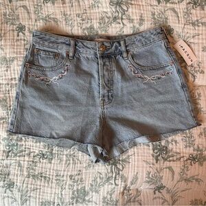 PacSun Light Blue Denim Shorts with Pink & White Embroidery